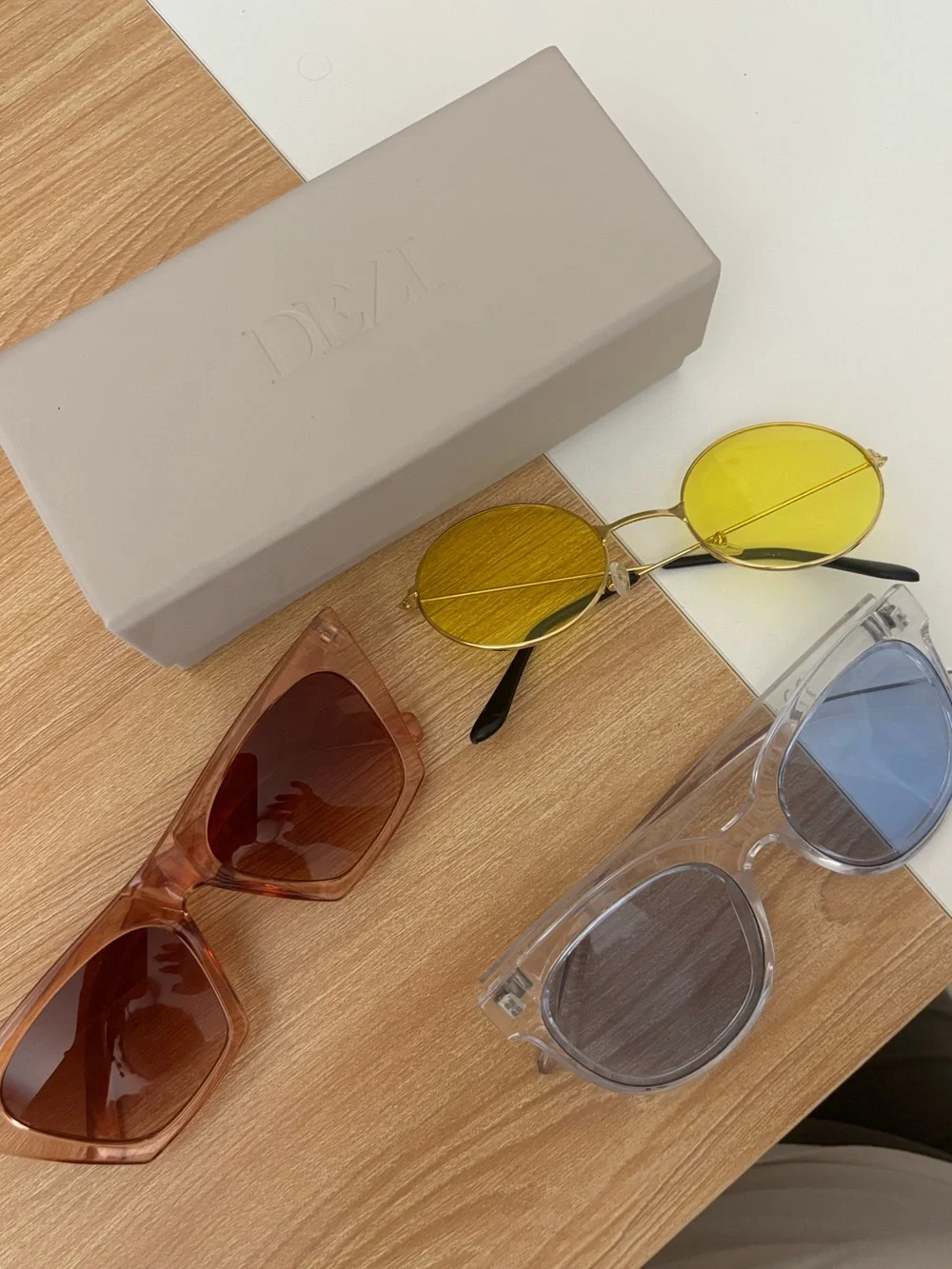 Three Fashion Sunglasses - Amber, Yellow, Clear Frames DEZI brand case included